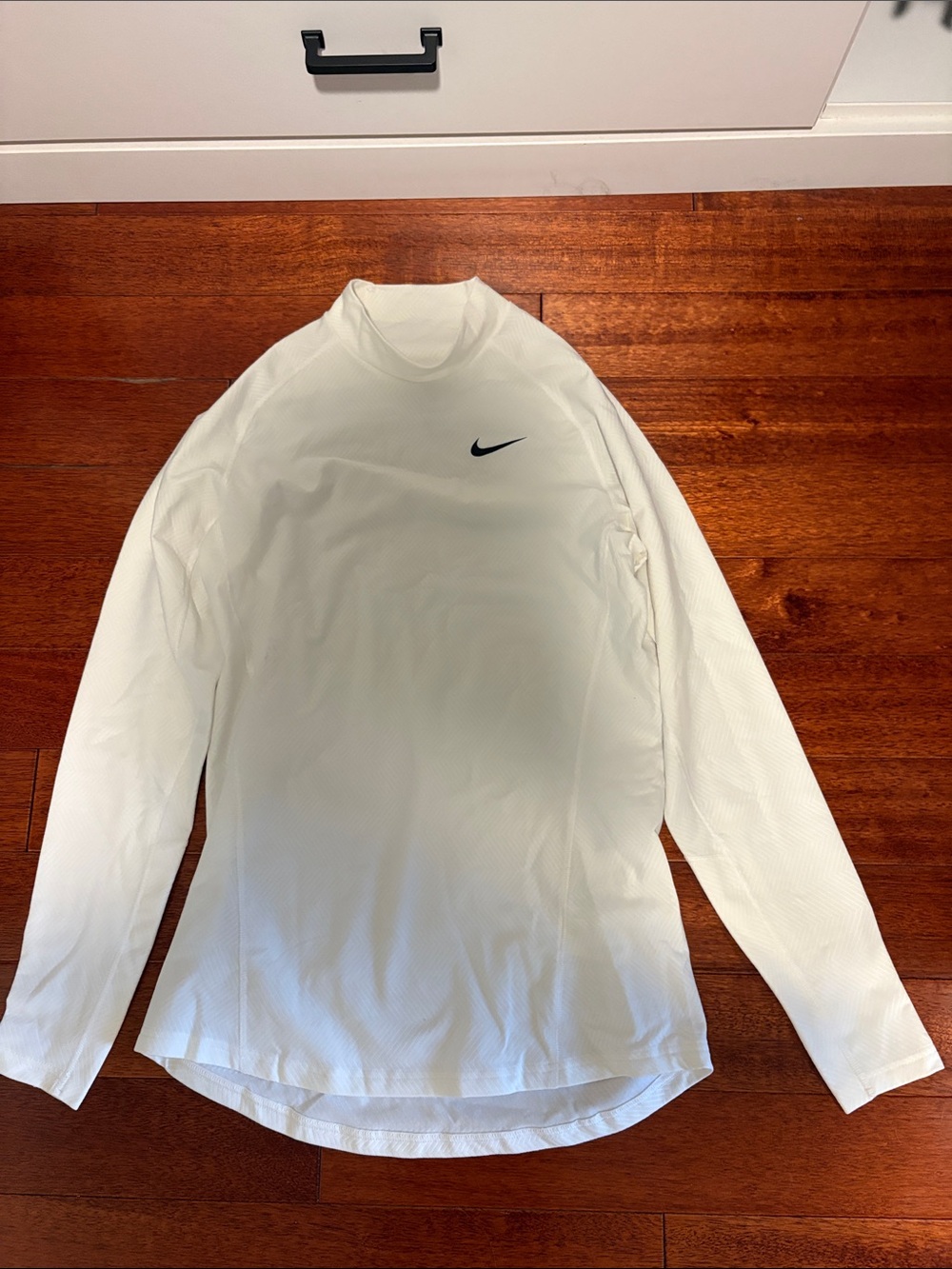 Nike White Long-Sleeve Athletic Crew with Black Swoosh